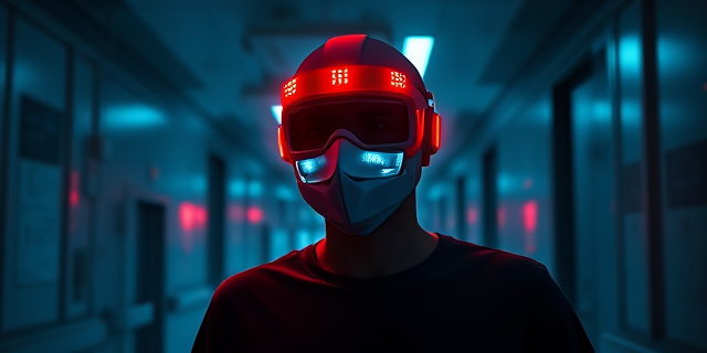 Una escena urbana nocturna en un hospital: una persona lleva una máscara de LED que emite luces rojas y infrarrojas mientras se mueve por pasillos iluminados de forma tenue. El ambiente transmite tecnología y esperanza sin mostrar rostros reconocibles.