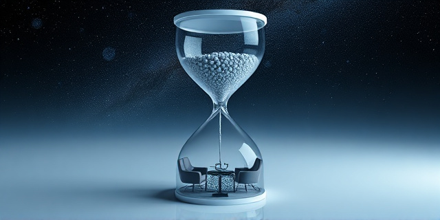 Representación artística de un reloj de arena distorsionado, con la mitad superior representando el espacio exterior (galaxias, estrellas) y la mitad inferior representando una vida cotidiana sedentaria (sillones, pantallas). El reloj debe transmitir una sensación de tiempo acelerado y pérdida de forma.