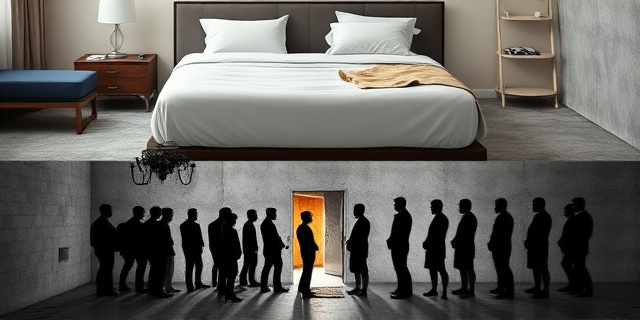 Una ilustración satírica y conceptual que contraste dos realidades: en la parte superior, una cama de hotel lujosa y blanca con aire acondicionado; en la parte inferior, un colchón viejo y manchado en un suelo de cemento gris, con una fila interminable de sombras de personas esperando frente a una puerta de baño pequeña y oxidada. Estilo editorial de periódico, colores contrastados.