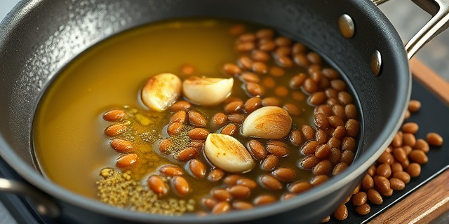 Una sartén con aceite de oliva y ajo dorándose, con un fondo de lentejas escurridas y un toque de pimentón