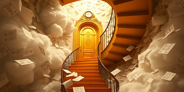 Una escalera de caracol que asciende hacia una puerta dorada entre nubes de papeleo burocrático. La escalera está construida con actas oficiales y notas musicales desordenadas. Iluminación dramática, estilo barroco, colores ocres y dorados.