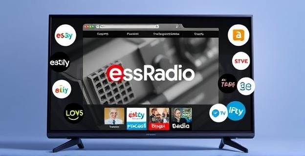 Imagen de una pantalla de televisión mostrando la página web de esRadio con varios logos de plataformas de podcast alrededor