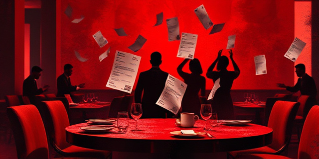 Una composición abstracta en tonos oscuros y rojos, representando una mesa de restaurante con facturas flotando en el aire como humo. En el fondo, siluetas difuminadas de figuras humanas que se extienden hacia el dinero. Estilo expresionista, con pinceladas gruesas y texturas densas. Un ambiente opresivo y turbio.
