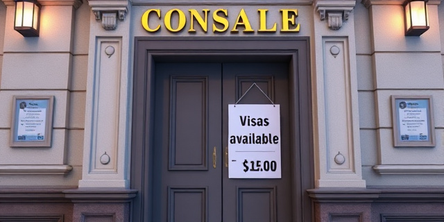 Una imagen de un consulado con una puerta cerrada y un letrero que dice 