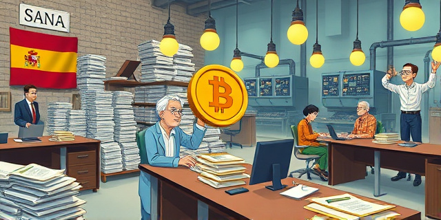 Una ilustración satírica que muestra una oficina gubernamental española llena de montañas de papeles y formularios burocráticos, donde un funcionario entrega una moneda de oro gigante a un científico que está dormido sobre un escritorio vacío, mientras al fondo se ve una fábrica italiana moderna y eficiente produciendo bombillas brillantes y engranajes tecnológicos.