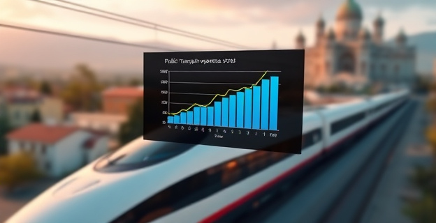 Una escena que muestra un tren de alta velocidad cruzando un paisaje español mientras un gráfico en pantalla muestra una gráfica de gastos en transporte público aumentando. Al fondo, una imagen borrosa del Congreso de los Diputados.
