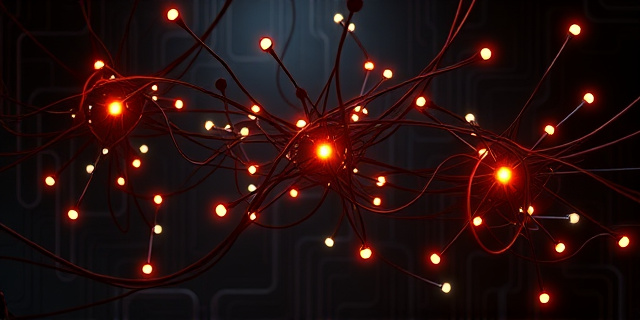 Una compleja red de cables entrelazados, representando conexiones empresariales y políticas. Los cables están iluminados en tonos oscuros y misteriosos, con algunos nodos brillando intensamente como centros de poder. El fondo es un laberinto abstracto, simbolizando la opacidad y la manipulación. Estilo neo-noir, iluminación dramática, texturas metálicas y sombras profundas.