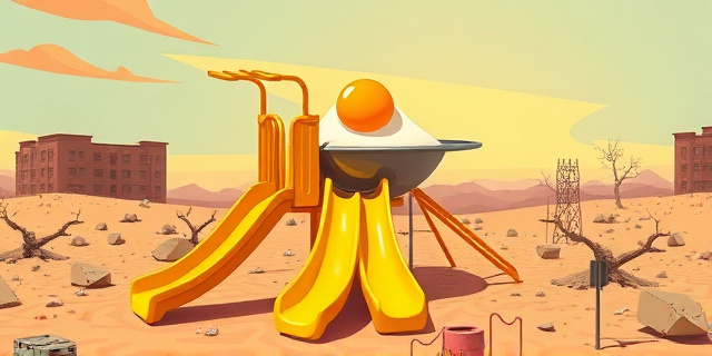 Una ilustración satírica y conceptual. Un tobogán de parque infantil amarillo brillante transformado en una sartén gigante donde se fríe un huevo. Alrededor, un entorno urbano árido y caluroso con un sol agresivo. Estilo de caricatura editorial periodística, colores vibrantes, contrastando la artificialidad del plástico con el calor extremo, sin personas reconocibles.