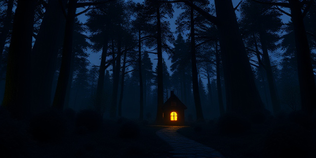 Una escena de bosque oscuro al anochecer, con una casa de jengibre brillante en medio de la maleza. Los árboles se alzan como guardianes, y una luz tenue ilumina la entrada. No hay personas, solo sombras y la sensación de un lugar que parece salirse de un cuento.