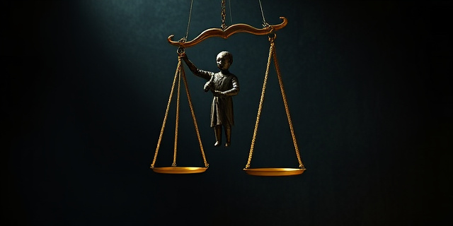 Una marioneta de hilos dorados controlando una balanza de la justicia, con un fondo oscuro y texturizado que simboliza la corrupción. Estilo pictórico, dramático, con luces y sombras intensas. Evitar rostros reconocibles.