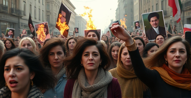 Una multitud de mujeres en las calles de una ciudad iraní, con el viento en el pelo y rostros decididos, quemando fotos de un líder religioso en un acto de protesta contra el régimen islámico. En el fondo, una atmósfera tensa y cargada de emoción.