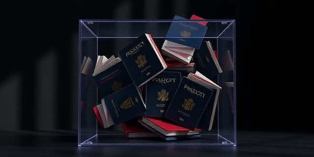 Una urna electoral transparente, llena de pasaportes en lugar de papeletas, con sombras que sugieren manipulaciones detrás. Colores oscuros y contrastes fuertes. Estilo hiperrealista, casi fotográfico, pero con un toque de distorsión para transmitir desconfianza.