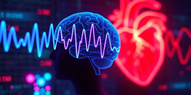 Un monitor de electroencefalograma que muestra ondas cerebrales vibrantes sobre un fondo de un corazón latiendo; la escena está iluminada con luces de neón que recuerdan a un club nocturno, sin rostros humanos visibles, mostrando la sinestesia entre la vida y la muerte.