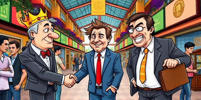 Una ilustración satírica estilo caricatura editorial de periódico. Un hombre con corona y traje elegante intenta estrechar la mano efusivamente a un hombre con cabello despeinado y traje, mientras que un tercer hombre con cara de aburrimiento y maletín actúa como una barrera física incómoda entre ambos. Fondo de un centro cultural latinoamericano, colores vibrantes, trazo dinámico y expresivo.