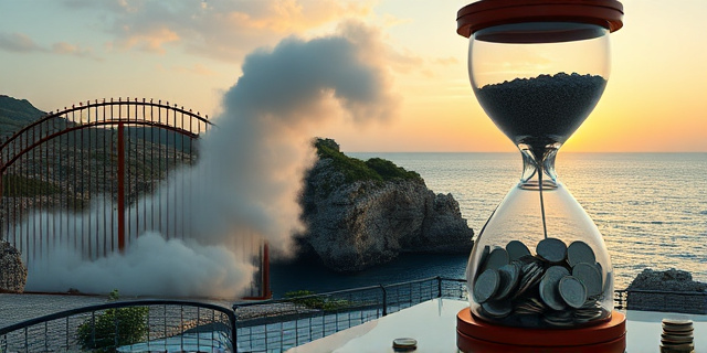 Una ilustración conceptual y surrealista de una valla fronteriza de metal oxidado desvaneciéndose en el aire, transformándose en humo blanco. Al fondo, un paisaje costero mediterráneo con un peñón rocoso. En primer plano, un reloj de arena gigante donde la arena son monedas y pasaportes. Estilo editorial moderno, colores contrastados, luz de atardecer.