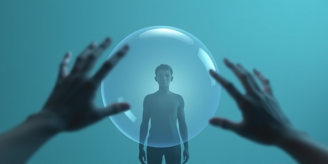 Una ilustración conceptual y minimalista que represente el espacio personal. Una persona rodeada por una burbuja de cristal transparente y brillante que la protege, mientras que manos abstractas y difuminadas intentan tocar la superficie de la burbuja desde el exterior. Colores fríos y atmósfera de serenidad y límites.