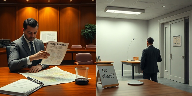 
  Una escena judicial surrealista en dos planos contrastados:
  Izquierda: Un empresario con traje caro señala en un mapa de Madrid una oficina en Arturo Soria, rodeado de documentos y un contrato con la fecha borrosa. La luz es cálida, como en un despacho de éxito. Detrás, un fiscal con cara de pocos amigos y una juez con expresión de ‘ya me cansé’.
  Derecha: Un hombre en un despacho vacío de la Diputación de Badajoz, mirando un plano sin marcas, con una luz fría y fluorescente. Sobre la mesa, un cartel que dice ‘Oficina de Artes Escénicas’ tachado con un rotulador. Al fondo, una puerta cerrada con un letrero de ‘Prohibido el paso’ colgado al revés.
  Detalle clave: En la mesa del empresario, un contrato con la cifra ‘1.000€/mes’ brillando bajo la luz; en la del otro, solo un posavasos con la palabra ‘¿Dónde?’ escrita con tiza.
  Estilo: ‘Fotografía de prensa antigua con toques de distopía’ (como un reportaje de los 70 mezclado con Black Mirror).
 