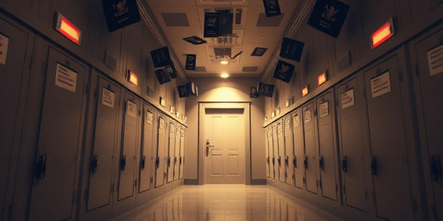 Una imagen conceptual que represente un laberinto burocrático con pasaportes flotando en el aire. Tonos sepia y grises, con un foco de luz sobre una puerta de salida. Estilo pictórico, reminiscente del surrealismo.