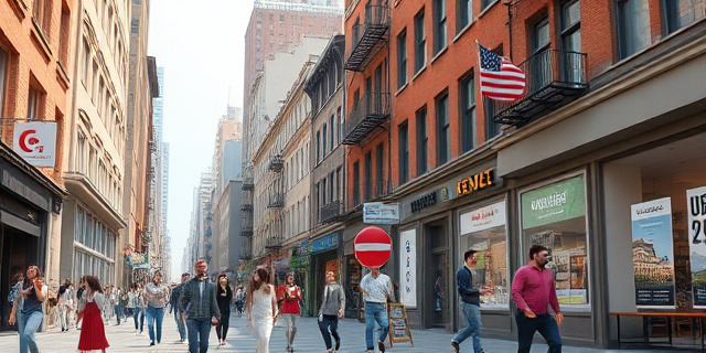Una ciudad con edificios de diferentes alturas y estilos, con personas de diversas edades y ocupaciones caminando por la calle, mientras otros están sentados en un café o tienda, rodeados de anuncios de alquileres y compraventas de viviendas