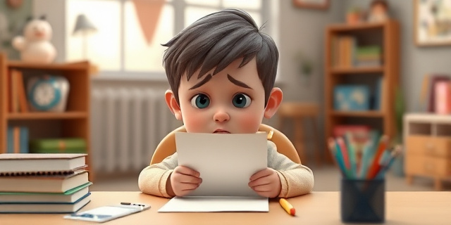 Un niño sentado en un escritorio, con una mirada de tristeza y frustración, mientras sostiene una hoja de papel con una mala nota, rodeado de libros y útiles escolares, con un fondo de una habitación acogedora y tranquila.