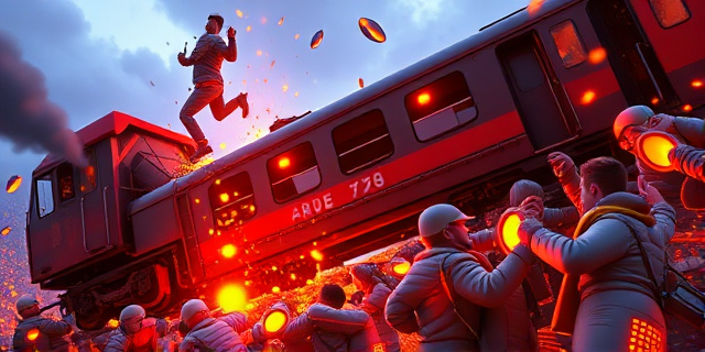 Una imagen de un tren descarrilado con esquirlas incandescentes y personas agarrotadas para evitar caerse