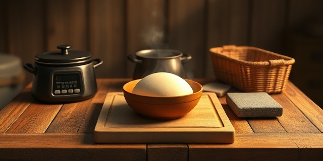Una cocina rústica con mesa de madera, una olla de hierro y una bandeja cuadrada de horno. En medio, una masa de pan en un bol, rodeada de una balanza digital, un banneton de mimbre y una piedra lava. Vapor se eleva suavemente, iluminado por luz cálida, sin rostros, sin texto.