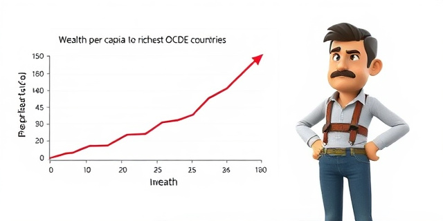 Un gráfico que muestra la brecha entre la riqueza por habitante en España y la de los países más ricos de la OCDE, con una flecha roja que indica la dirección de la tendencia. Al lado, un trabajador con una expresión de desánimo y un bolsillo vacío.