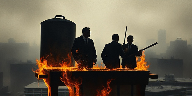 Una pintura al óleo expresionista que representa una parrilla humeante en la que se asa una silueta de un partido político. El fuego es intenso y las sombras son largas y amenazantes. El fondo es un paisaje urbano desolado y grisáceo. Estilo de Francis Bacon.