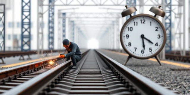 Una imagen de una vía férrea con un soldador trabajando a contrarreloj, con un reloj de fondo que marca la hora