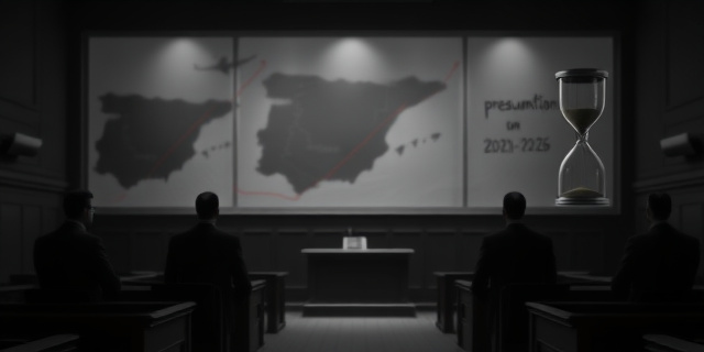 
  Una sala de juicios oscura y recargada, con un banquillo vacío pero rodeado de sombras alargadas que proyectan figuras de políticos en traje oscuro. Al fondo, un mural difuso muestra un mapa de España con líneas rojas conectando Moncloa, un aeropuerto y una maleta llena de billetes. La luz entra por una ventana empañada con la palabra 