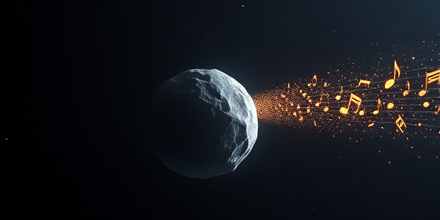 Una ilustración conceptual y surrealista de un asteroide flotando en el espacio profundo, donde la superficie de la roca se transforma gradualmente en las cuerdas de una guitarra acústica. Alrededor del asteroide, una estela de polvo cósmico forma partituras musicales brillantes sobre un fondo de galaxias oscuras y melancólicas, estilo arte digital cinematográfico.