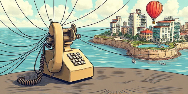 Una ilustración conceptual y satírica que muestra un teléfono antiguo desbordado por cientos de cables que cruzan un estrecho marino, conectando una ciudad costera fortificada con una costa africana. Al fondo, edificios de apartamentos con etiquetas de precios exorbitantes flotando como globos, simbolizando una burbuja inmobiliaria, en un estilo de dibujo editorial de periódico con colores contrastados.