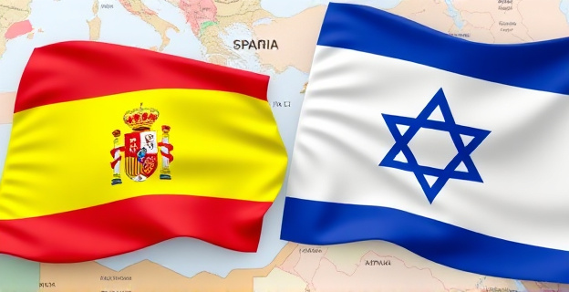 Una imagen que represente la tensión diplomática entre España e Israel, con un fondo que incluya elementos que simbolizan la geopolítica del conflicto: mapas de Oriente Medio, banderas de España e Israel entrelazadas con símbolos de paz y guerra.