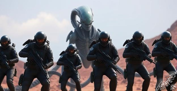 Una imagen de la serie 'Alien: Planeta Tierra' con un grupo de soldados tácticos en un entorno hostil en la Tierra, con un xenomorfo al fondo.