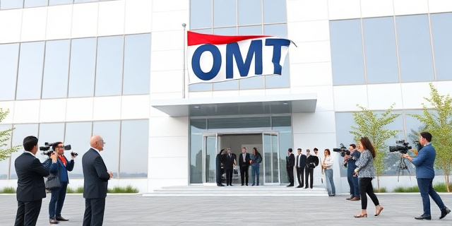 Un edificio grande y moderno con una bandera de la OMT ondeando en la entrada. Un grupo de personas vestidas de traje y corbata salen del edificio, mientras que otras personas con cámaras y micrófonos los esperan fuera.