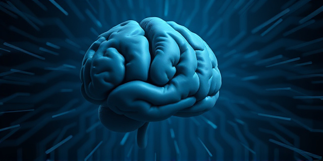 Una representación abstracta del cerebro humano, con áreas oscurecidas y fragmentadas, emergiendo de un fondo caótico de líneas que simbolizan pensamientos obsesivos y distorsiones de la imagen corporal. Predominan los tonos fríos como el azul y el gris, con un sutil resplandor que sugiere la esperanza y la posibilidad de recuperación.