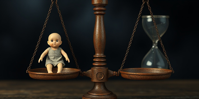 Una balanza de la justicia oxidada y desequilibrada, con un pequeño muñeco representando a un propietario cayendo hacia abajo y una figura más grande, sombría, representando a un okupa, manteniendo el equilibrio. Fondo oscuro y tormentoso, con un reloj de arena roto.