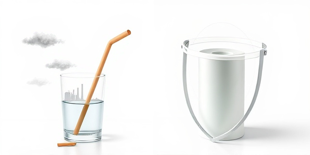 Una ilustración satírica y conceptual. En un lado, una pajita de cartón desintegrándose en un vaso de cristal; del cartón emergen nubes de humo gris industrial y fábricas lejanas. Al otro lado, un rollo de plástico brillante y limpio rodeado de un escudo protector. Estilo editorial de revista financiera, colores contrastados, fondo minimalista blanco para resaltar la ironía del 