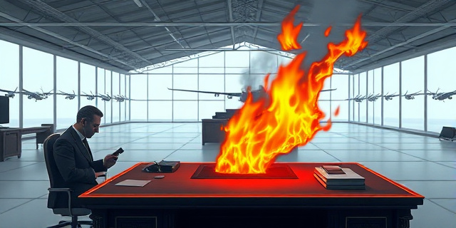 Una ilustración satírica de estilo editorial. Un escritorio gubernamental lujoso donde un mapa de España se está quemando lentamente, mientras que el funcionario a cargo intenta apagar el fuego usando un pequeño atomizador de agua manual. Al fondo, un hangar vacío con siluetas de aviones desapareciendo como fantasmas. Colores contrastados: gris burocrático y naranja fuego intenso.