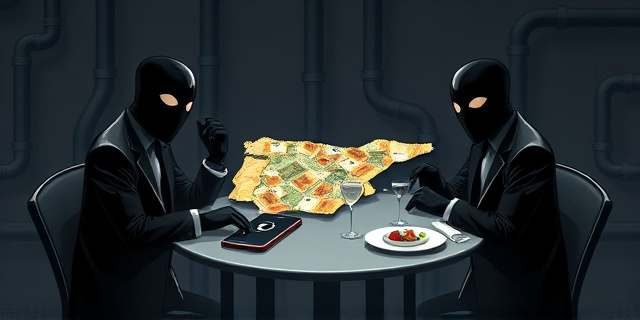 Una ilustración satírica estilo editorial de periódico. Un grupo de tres figuras anónimas en traje oscuro sentadas en una mesa de restaurante lujoso, compartiendo un mapa de España hecho de billetes de euro. Sobre la mesa hay un teléfono móvil con un icono de chat cifrado y un plato de comida gourmet. Fondo oscuro con sombras que sugieren una red de tuberías subterráneas conectando el restaurante con un edificio gubernamental.