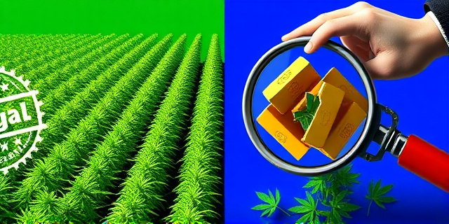 Una ilustración satírica y conceptual. En un lado, un campo de cáñamo industrial verde y ordenado con un sello de 