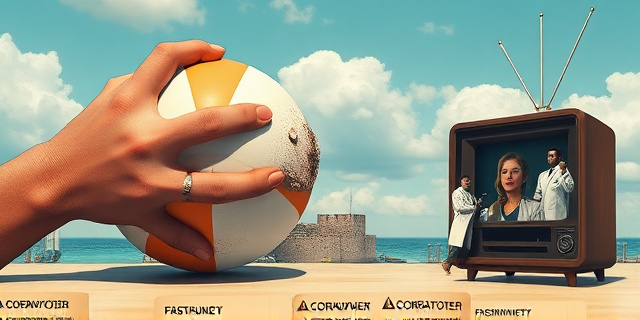 Una ilustración conceptual y satírica. Una mano gigante con un anillo gubernamental intentando empujar una pelota de playa rota y sucia hacia una ciudad pequeña y amurallada sobre el mar. Al fondo, un grupo de médicos con batas blancas sosteniendo carteles de advertencia, mientras un televisor antiguo muestra la imagen de una mujer hablando. Estilo editorial de revista política, colores contrastados, atmósfera de tensión.