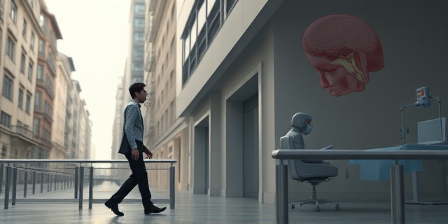 Un hombre de estatura variable en un paisaje urbano europeo, su sombra alterna entre la longitud de una escalera de mano y la altura de un edificio de oficinas, con una ilustración médica de la glándula pituitaria y una operación quirúrgica en un quirófano clásico, todo sin rostros ni nombres específicos