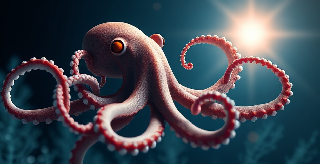 Una representación artística de un pulpo con tentáculos que se extienden hacia células solares de perovskita, simbolizando la fusión de la biología marina y la tecnología de energía solar.