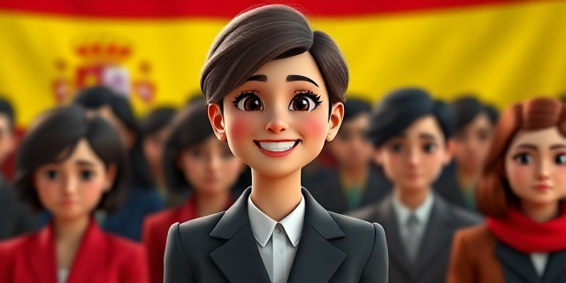 Una mujer sonriente con un traje formal y una bandera española al fondo, rodeada de personas con caras de descontento