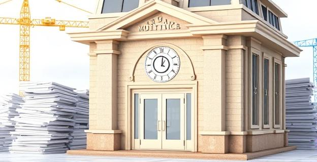 Una imagen de un edificio de oficinas municipal con un reloj en la fachada mostrando un retraso de 2 años, con un fondo de planos de construcción y expedientes administrativos amontonados.