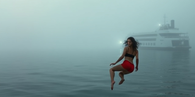Una escena de una mujer de 23 años, vestida con shorts rojos y un bra negro, flotando en la bruma del Upper Bay, con un ferry de Staten Island en el fondo. La ciudad se extiende como un mosaico de luces y sombras, mientras la mujer parece un fantasma que ha cruzado el agua sin saber que la vida la estaba esperando.