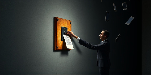 Una ilustración satírica de un interruptor de luz gigante y oxidado en una pared gris, mientras un funcionario con traje intenta sostener el interruptor con un trozo de papel y un sello oficial. Alrededor, teléfonos móviles flotando en la oscuridad iluminados débilmente, estilo arte conceptual moderno con contrastes fuertes entre luz y sombra.