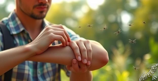 Una imagen de un mosquito posado en un brazo humano con un fondo de una playa vacacional