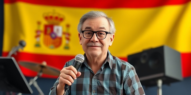 Un hombre de mediana edad con un micrófono en la mano, rodeado de instrumentos musicales y con un fondo de una bandera española